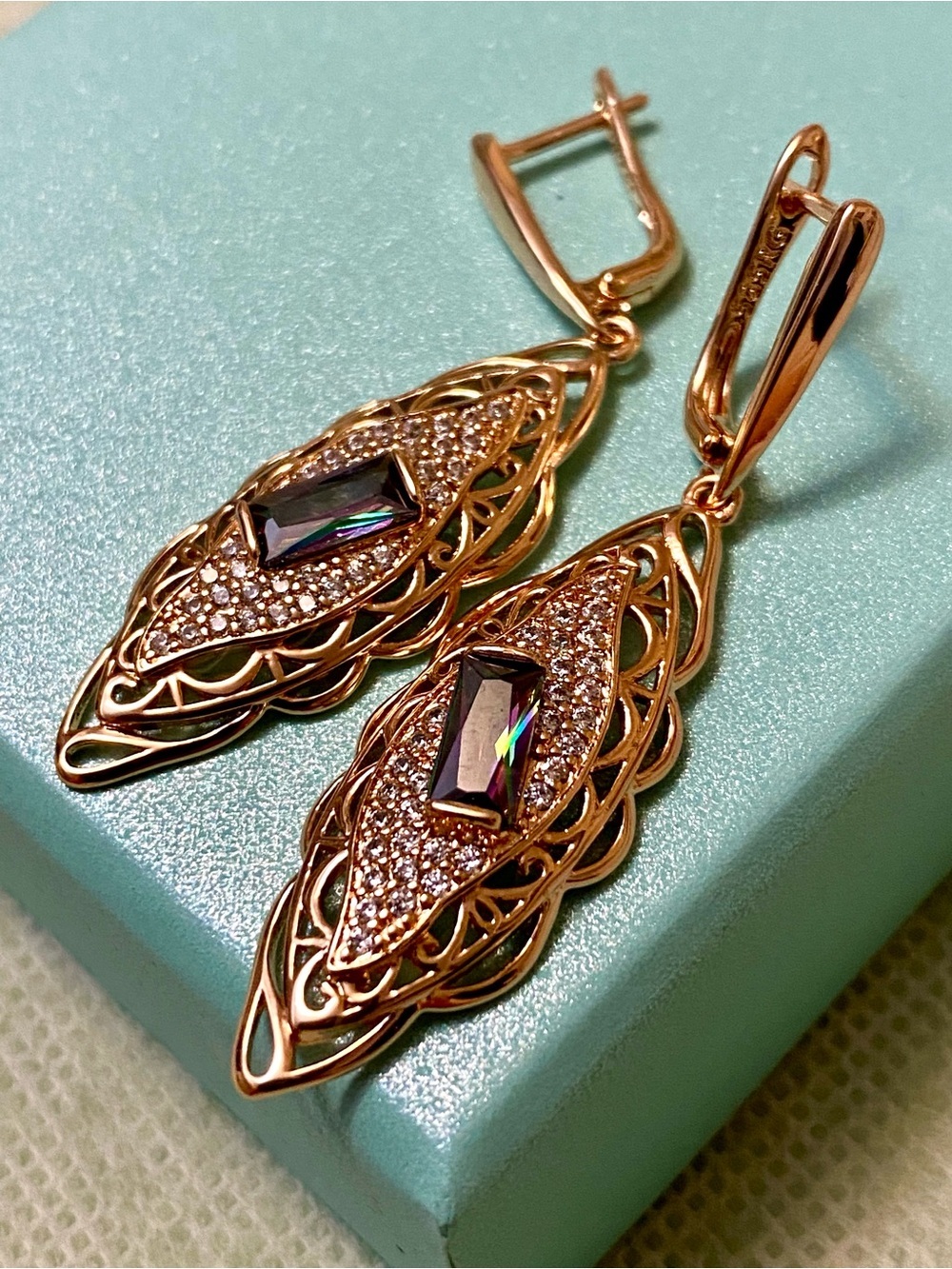 Gold-Tone Filigree Drop Earrings with Black Crystal Accent